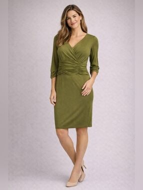 NUE by Shani Gray Knee Length midi Bodycon Green Dress Built In Shapewear Sz 12